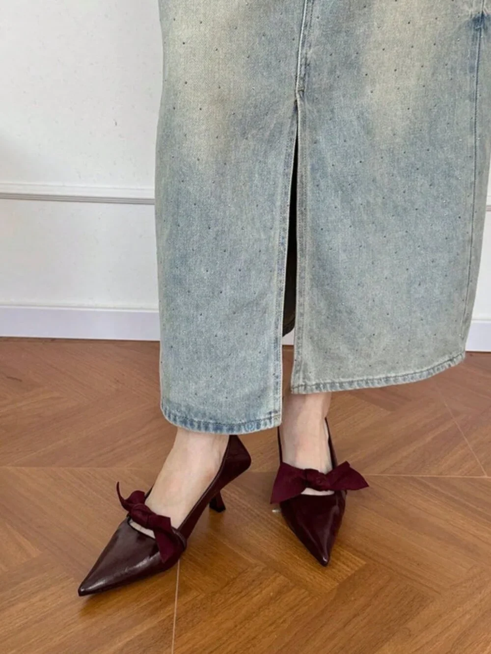 Burgundy Preppy Women's Elegant Bowknot Criss Cross Plain Slip On Pumps